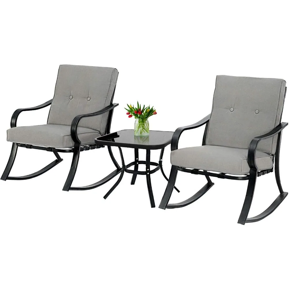 3 Piece Patio Bistro Set, Porch Patio Conversation Chairs Set of 2 with Glass-Top Coffee Table,Outdoor Rocking Chairs Set