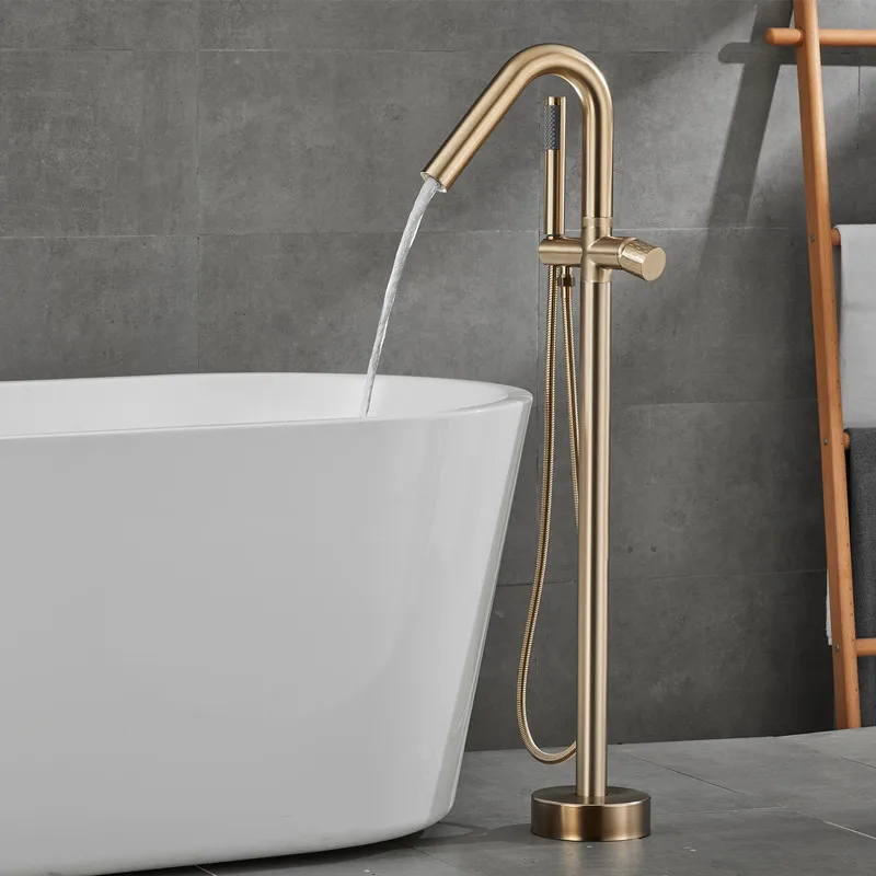 Bathroom Hotel Use Brushed Gold Floor Standing Bathtub Shower Faucet 360 Rotation Swivel Spout Handshower Tap Mixer Dual Ceramic