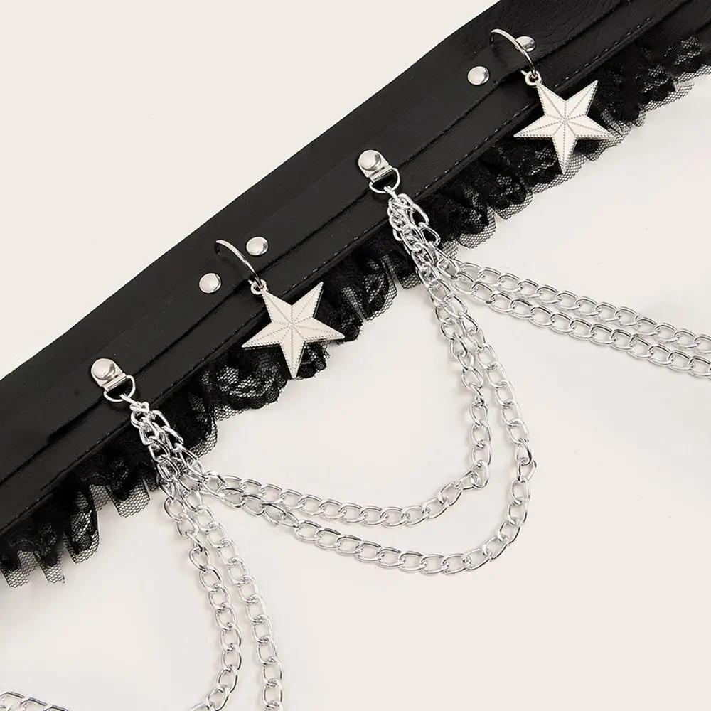 Tassel Lace Patchwork Dark Chain Punk Belt Leather Versatile Waist Chain Fashion Black Jacket Embellished Waistband Women