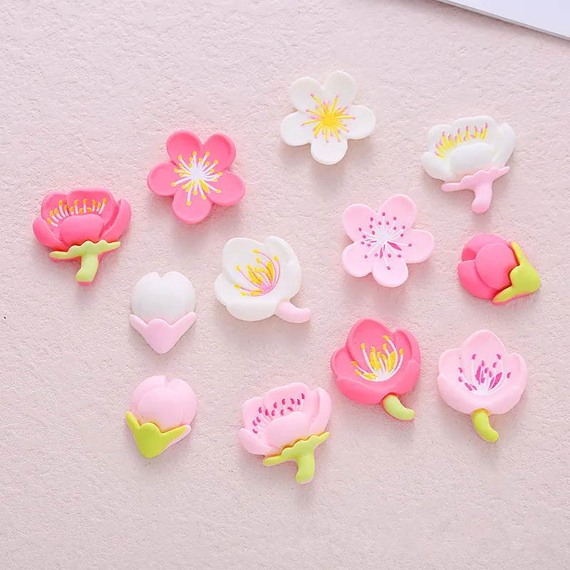 10pcS Pink Peach Blossom White Bud Resin DIY Icebox Shoes Hat Barrette Mobile Phone Case Decoration Cream Glue Flat Back Resin