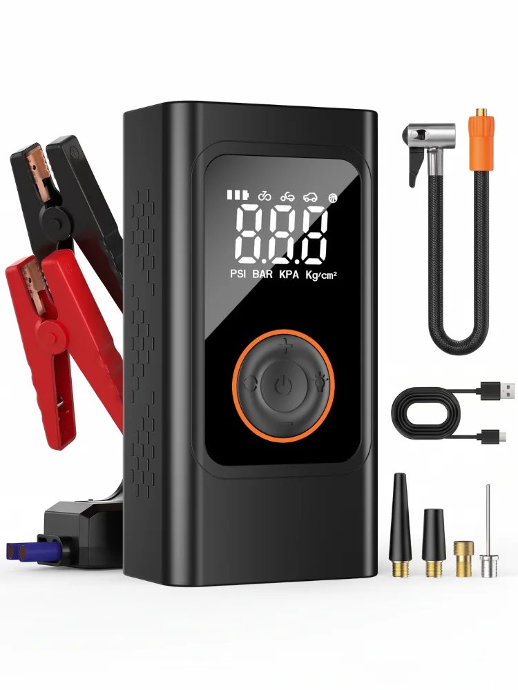 STSCELZ Tragbarer Starthilfe- und Luftkompressor-Kombigerät, 12V Notfall-Batterie-Booster mit Starthilfekabeln, 150 PSI kabelloser Reifenfüller, 32 L/Min Luftstrom, LCD-Anzeige, 5 Modi