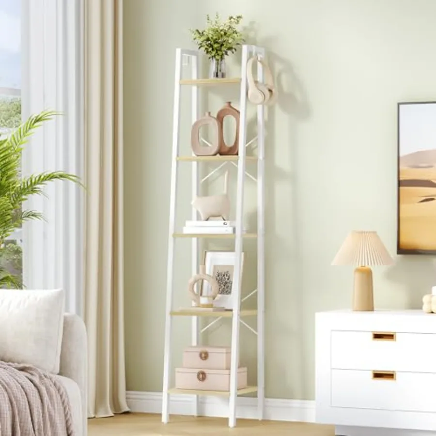 

Ladder Shelf, Bookshelf Bookcase, Freestanding Corner Storage Shee with 2 Hooks for Home Office, Living Room, Kitchen, Bedroom,