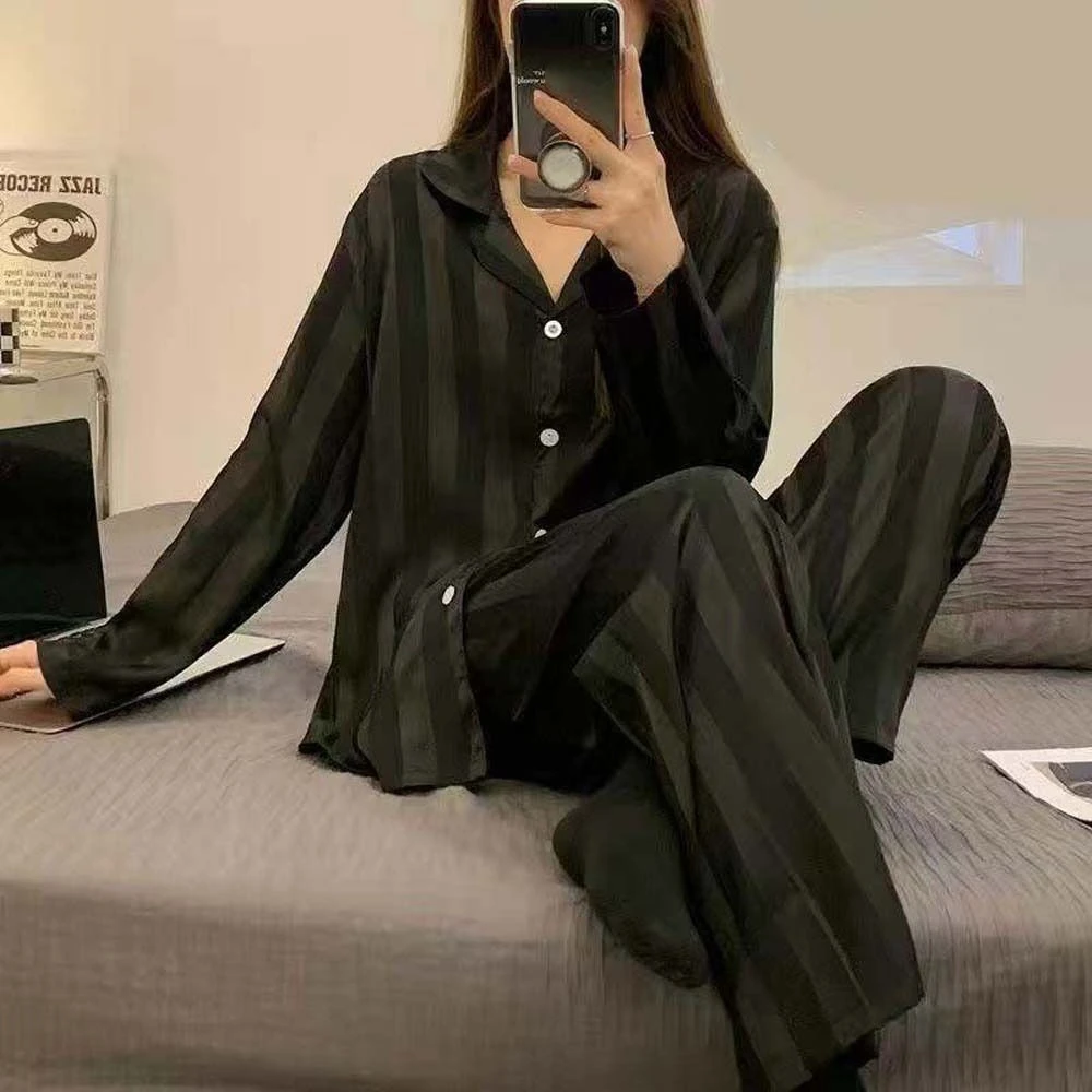 Thin Clothing Solid Women Pajamas Set Simplicity Stripe Pattern Korean Style Sleepwear INS Ice Silk Long Sleeve Nightwear Home