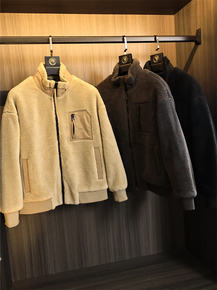 

Men's Thickened Particle Fleece Jacket Coat Pure Color Versatile Winter Warm Stand Collar Long Sleeve Casual Fashion Streetwear