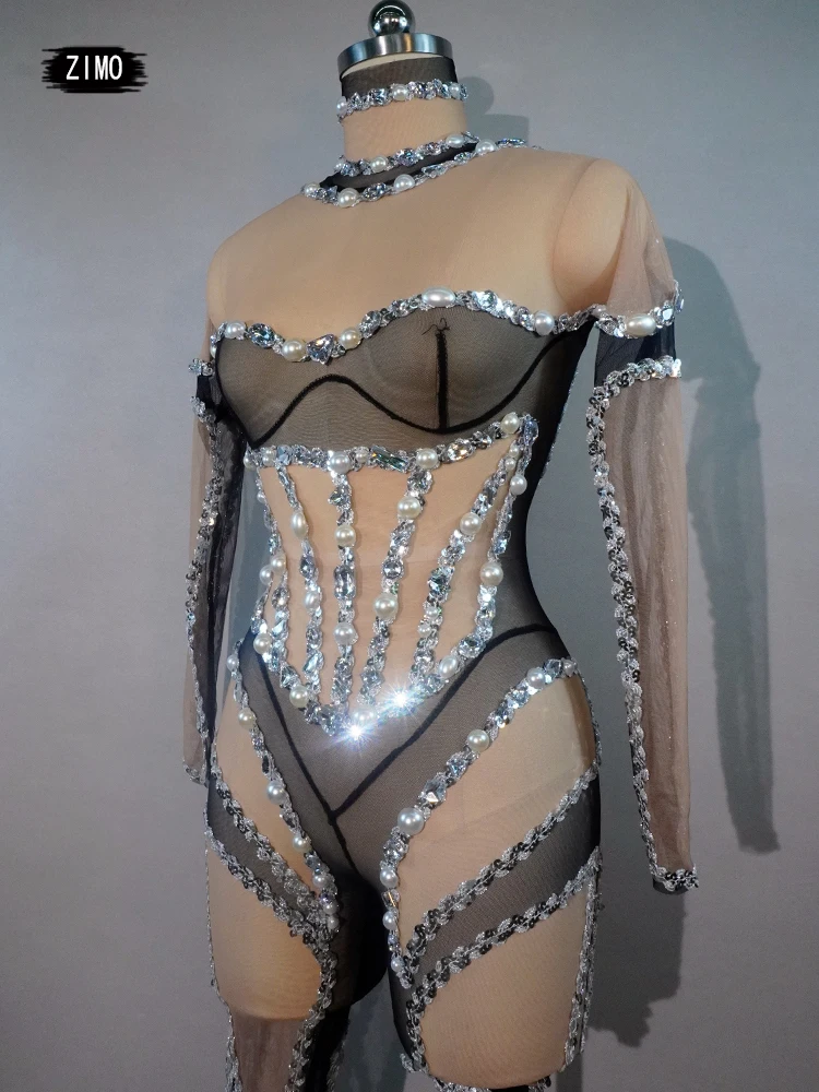 

sexy rhinestone mesh see-through Jumpsuit Pole Leotard Dance Stage Costume Rave Clothingdrag queen outfits