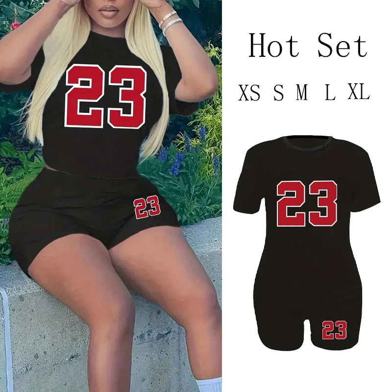 Number 23 Print Two-piece Set For Summer Spring Basketball Game Theme  Drop Shoulder Casual Top & Shorts Women's Clothing