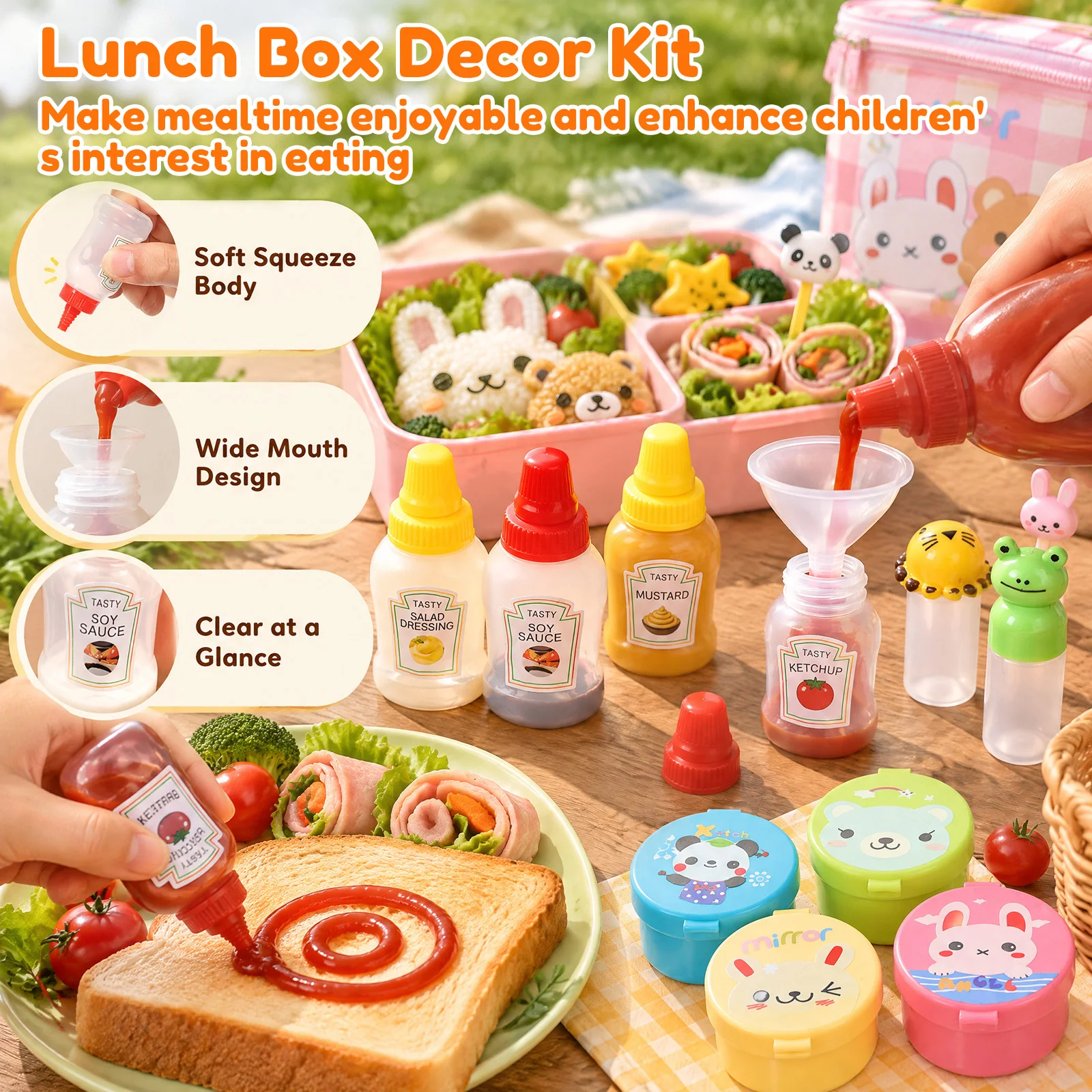 Food Box Accessories Set with Squeeze Bottle Sauce Bottles Droppers Fruit Forks and Picks for School Meals Picnic Camping Snacks