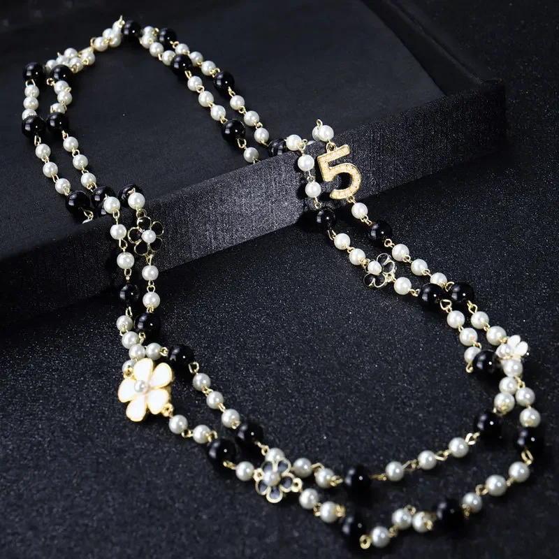 Women Camellia Number 5 Pearl Pendants Necklace Double Layers Long Sweater Chains Collares Flower Jewelry High Quality