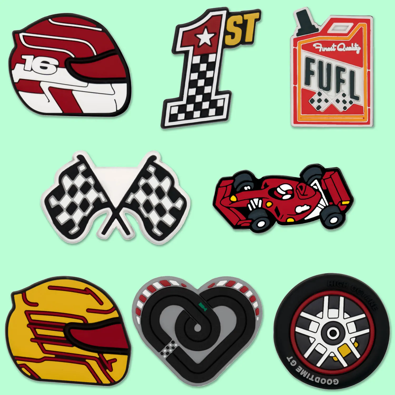 1/8pcs Racing Style Shoe Accessories Decoration for Boy Kids Gift Helmet Tires Oil Drum Shoe Charms Fits All Clogs Pin Jeans