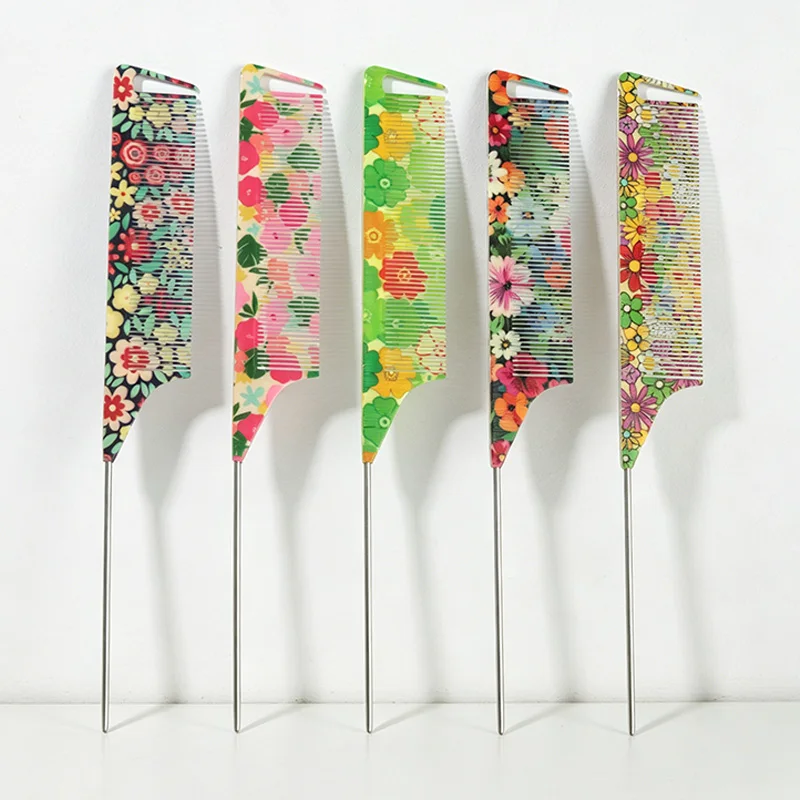 Floral Print Rat Tail Comb Anti Static Plastic Hair Pick Comb For Salon Daily Hair Styling Unisex