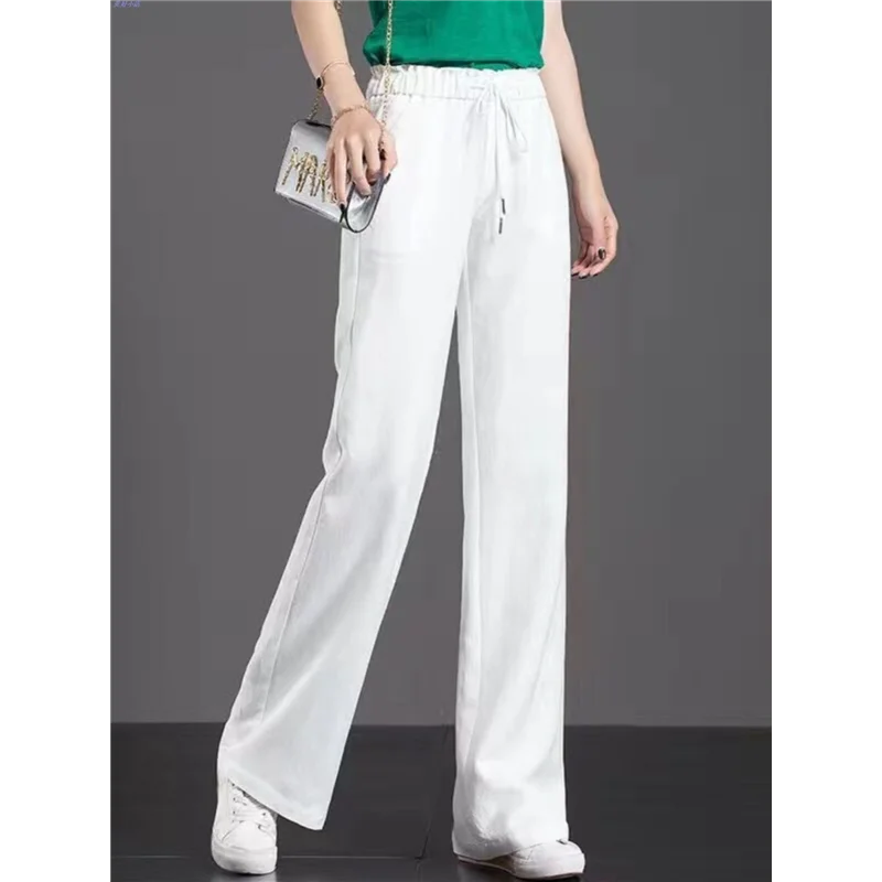 بنطلونات كاجوال عالية الخصر مستقيمة الساق من مزيج القطن، بنطلونات واسعة ورفيعة للنساء، متعددة الاستخدامات ومريحة وفضفاضة.