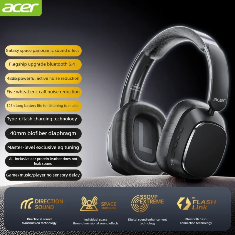 سماعات رأس بلوتوث Acer ANC سماعات صوت محيطي مع ميكروفون عالي الدقة سماعات إلغاء الضوضاء النشطة ENC-Calling 1000mAh OHR525