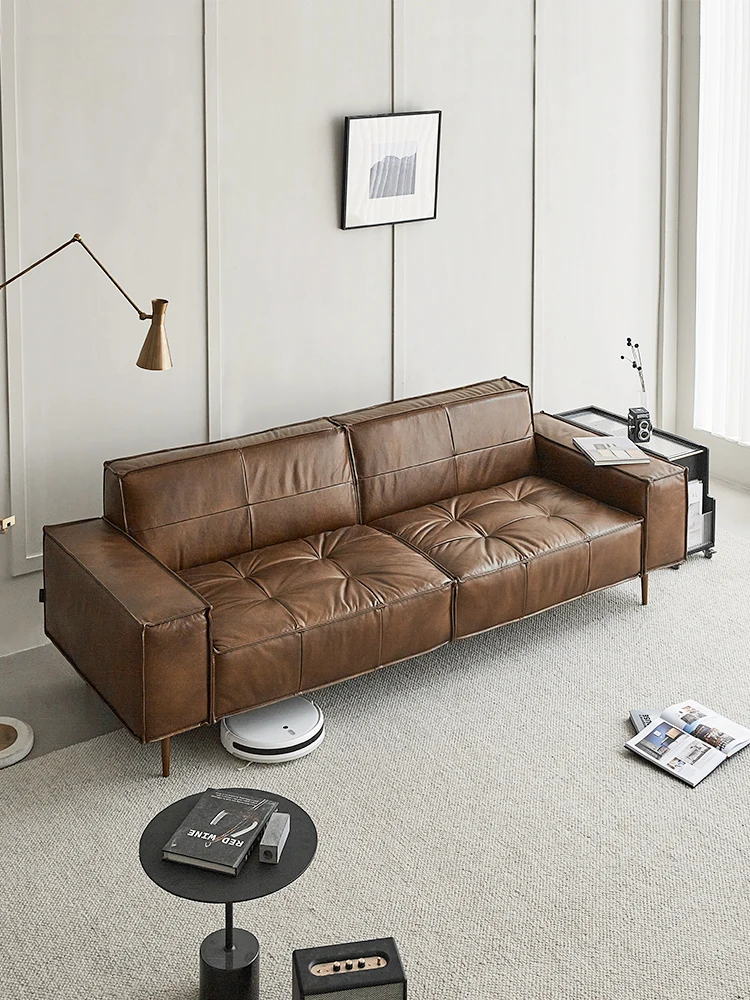 Luxury Italian minimalist leather sofa Home living room three-person leather sofa European Nordic retro leather sofa