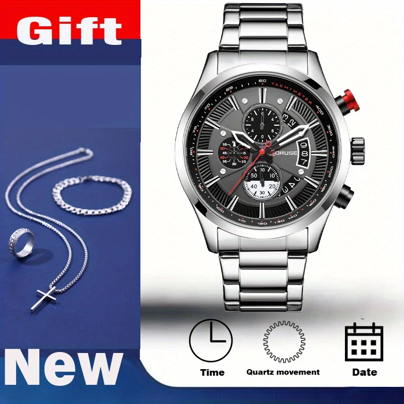 

4 шт./компл., роскошные часы BORUSE и наборы ожерелья с крестом, мужские кварцевые часы из нержавеющей стали, повседневные часы с датой для мужчин, наручные часы
