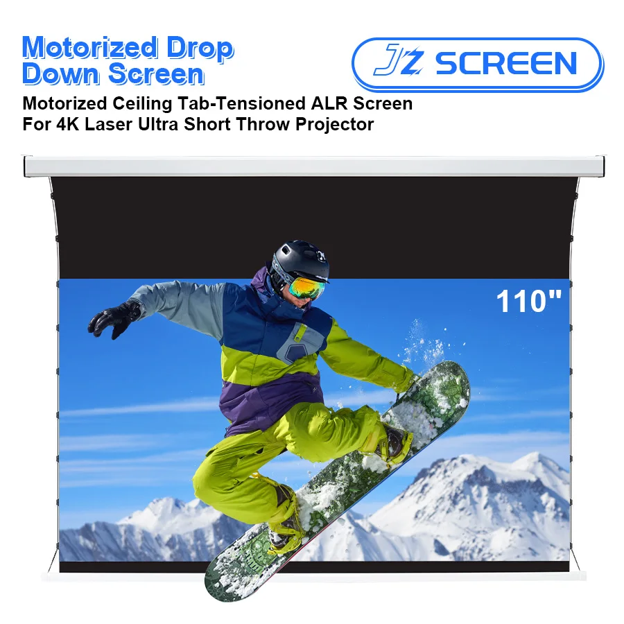 JZ SCREEN 110 inch Slimline White Cinema Motorized Tension drop down Projector Screen Sound Perforated Acoustic Transparent