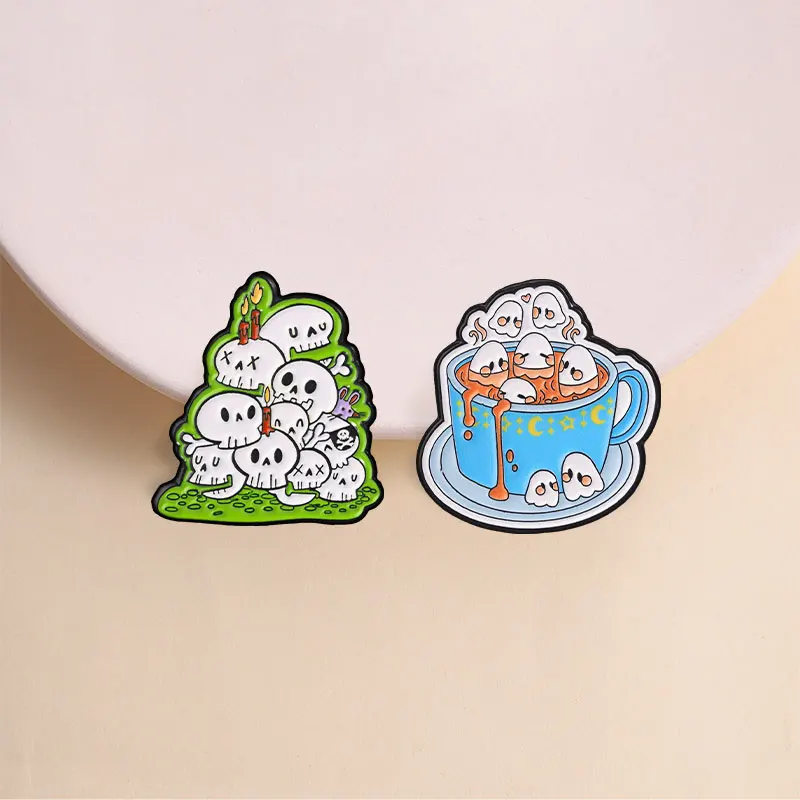 Halloween Ghost Coffee Cup Enamel Pins Cute Goth Skull Stacked Weird Candle Brooches Lapel Badge Jewelry Accessories Gifts for F