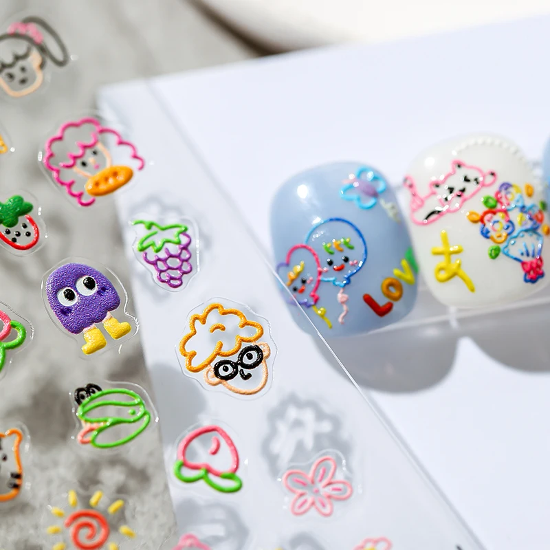 Leuke Gekleurde Lijnen Eenvoudige Slagen 5D Zachte Reliëfs Zelfklevende Nail Art Decoratie Stickers Cartoon 3D Nail Decals Groothandel