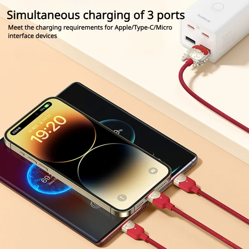 Baseus Dragon Year Zodiac Fast Charging 3in1 Data Cable USB to Micro+ip+Type-c 3.5A for Xiaomi HUAWEI iPhone 8 11 12 15 Pro Max