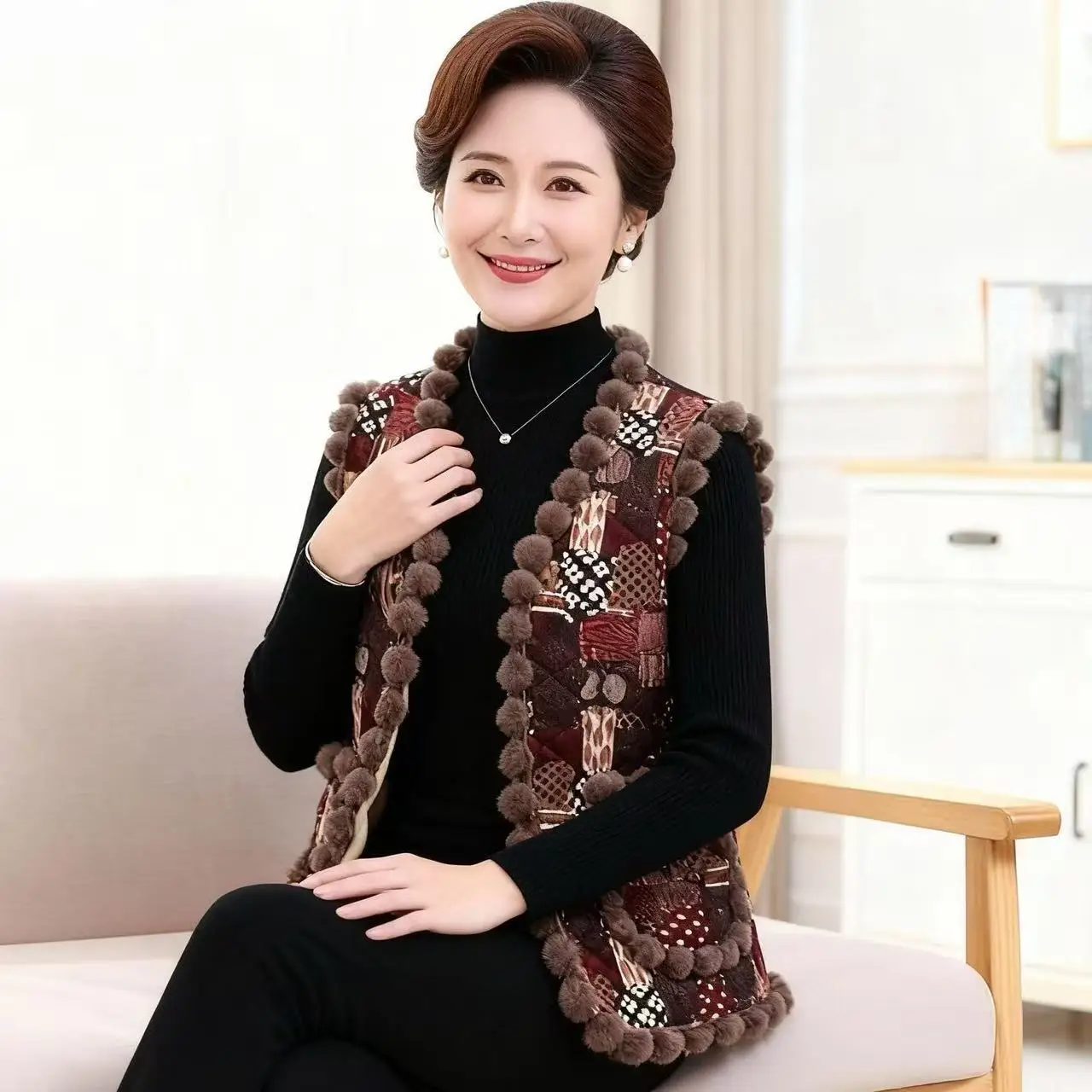 جديد النمط الصيني سترة القمم المرأة الخريف الشتاء معطف بلا أكمام الأمهات في منتصف العمر خمر موضة رشاقته المخملية سترة الإناث #5