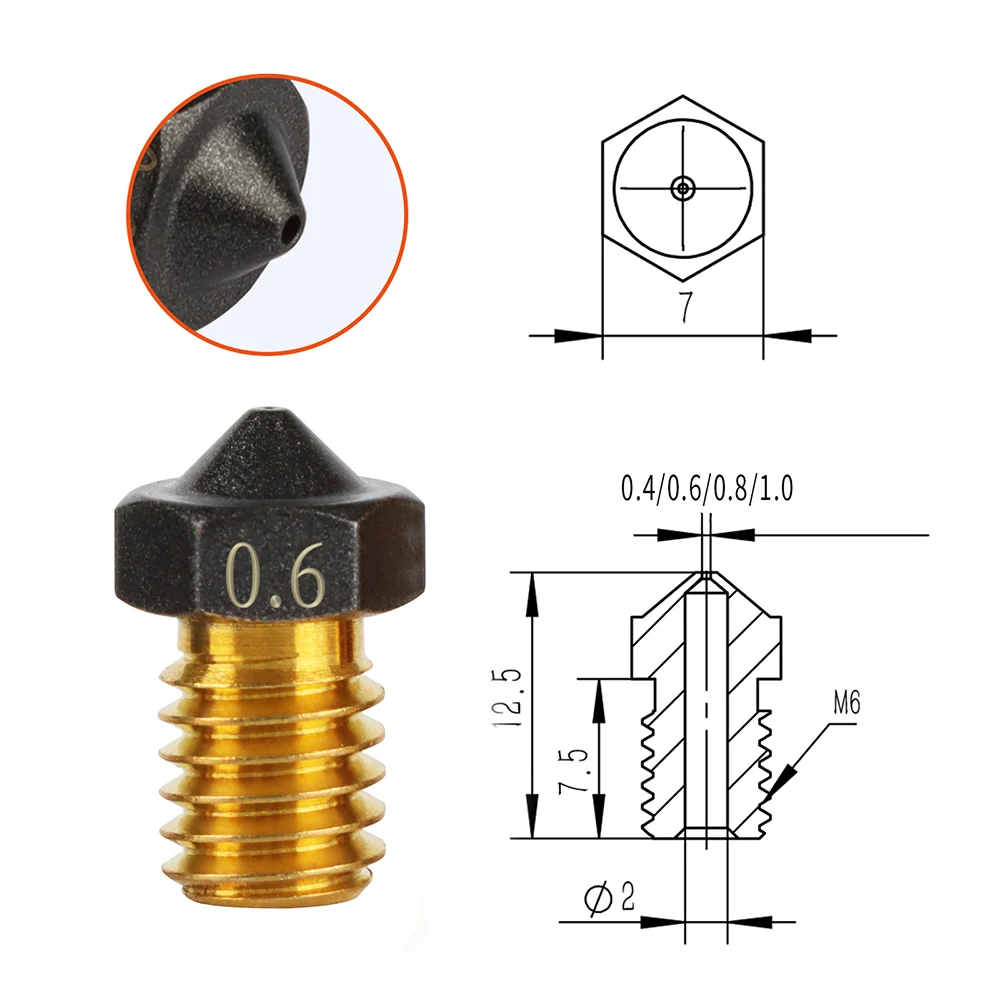 1/2PCS Upgrade E3D V6 Nozzle PTFE Coated Brass 0.2/0.3/0.4/0.5/0.6/0.8/1.0mm Non-stick Nozzle For 1.75mm Ender3 Pro CR10S Hotend