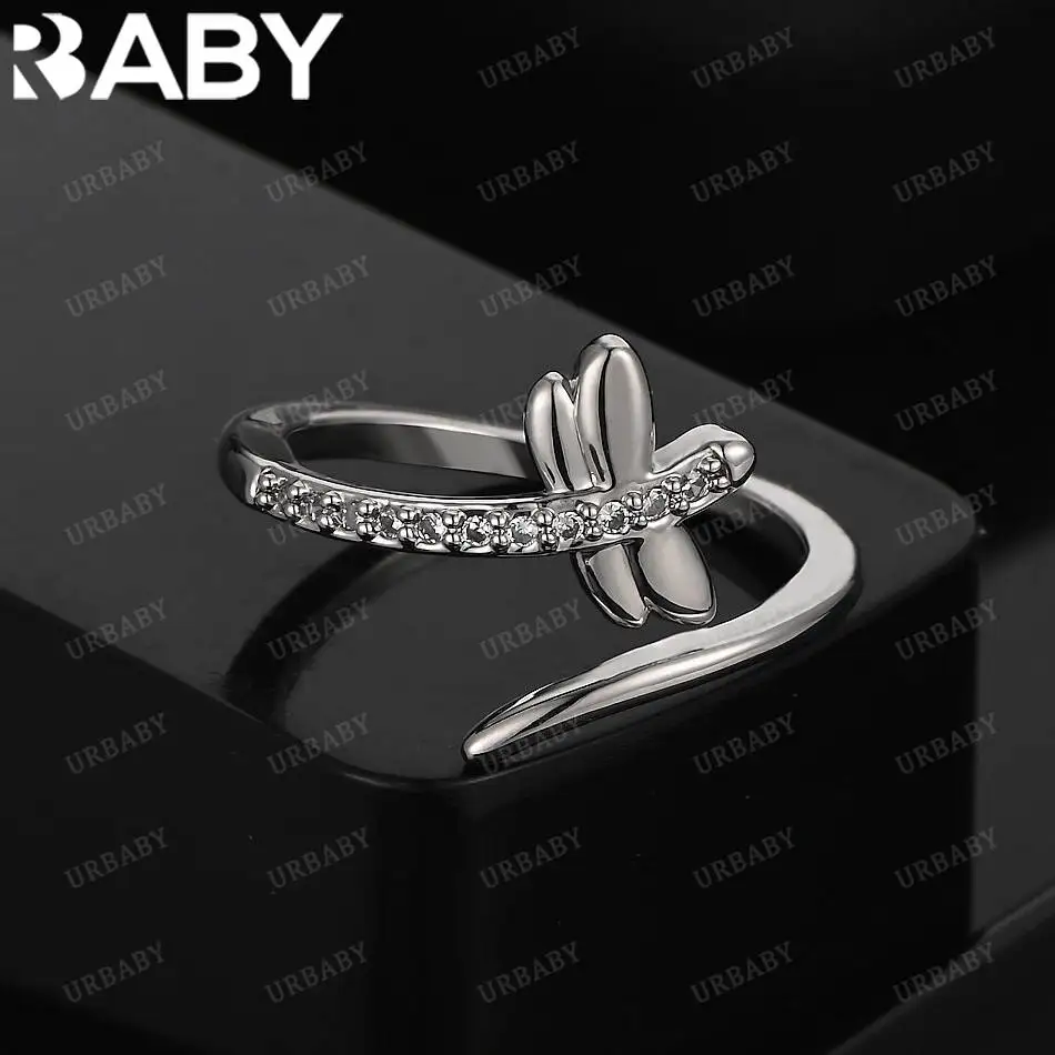 

URBABY 925 Sterling Silver Zirconia Dragonfly Open Ring For Women Fashion Jewelry Charm Grace Noble Wedding Accessories