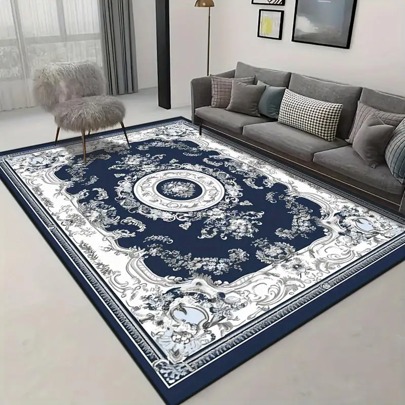 1PC Classic Ornate Navy Blue White Vintage Floral Area Rug, Coastal Washable Throw Rug for Living Room, Dining Room, Bedroom, Kitchen, Patio, Hallway Door Mat