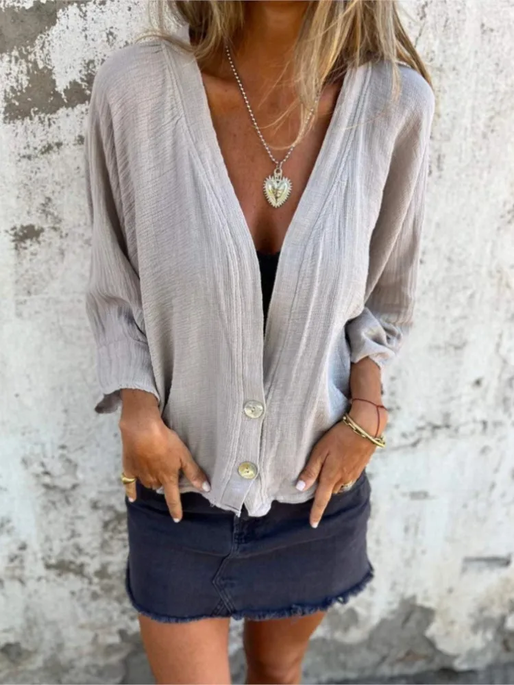 

2025 Spring And Autumn New Women's V-neck Women's Style Shirts Fashionable Casual Loose Fashion T-shirt Casual Clothes Females