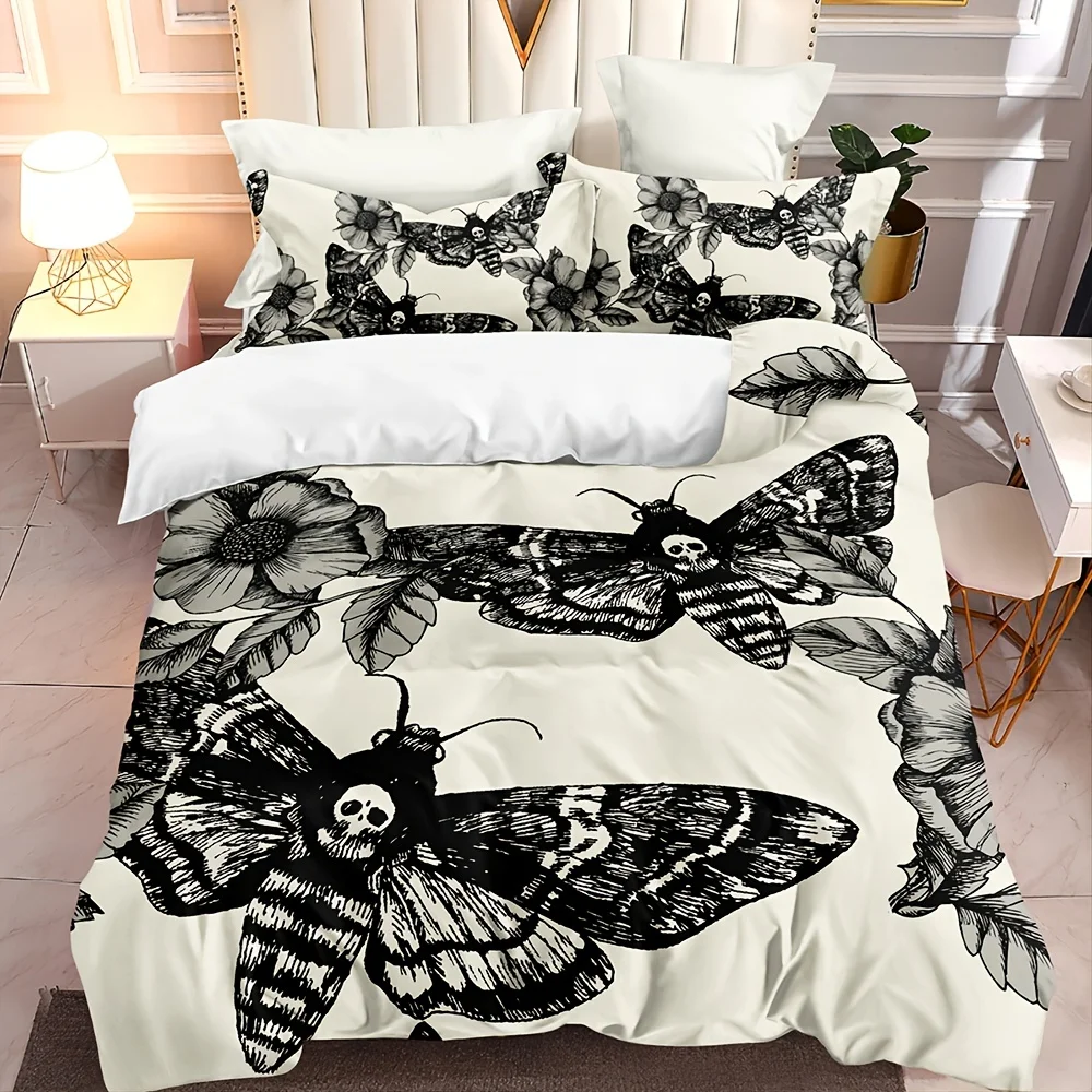 

3pcs/set Skull Moth Pattern Duvet Cover Set, Death's Head Moth And Flower Pattern (1pc* Duvet Cover + 2pcs* Pillowcases)