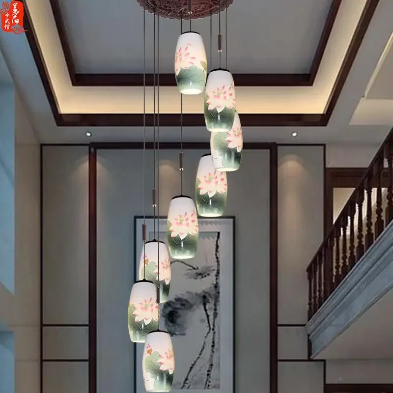 

New Chinese staircase chandelier duplex floor empty living room villa solid wood rotating retro classic ceramic lamps