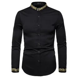 Camisa Negra bordada para hombre, Camisa de vestir de manga larga con cuello mandarín, informal, para trabajo, negocios, Social, 2023