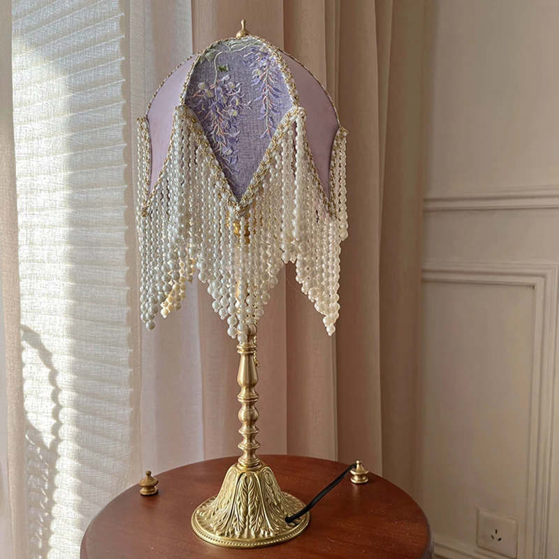 [Wisteria] Retro table lamp All copper bedside decoration three-dimensional embroidered bedside table lamp