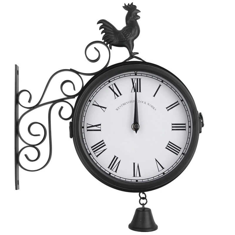 Outdoor Garden Wall Station Clock Double Sided Cockerel Vintage Retro Home Decor