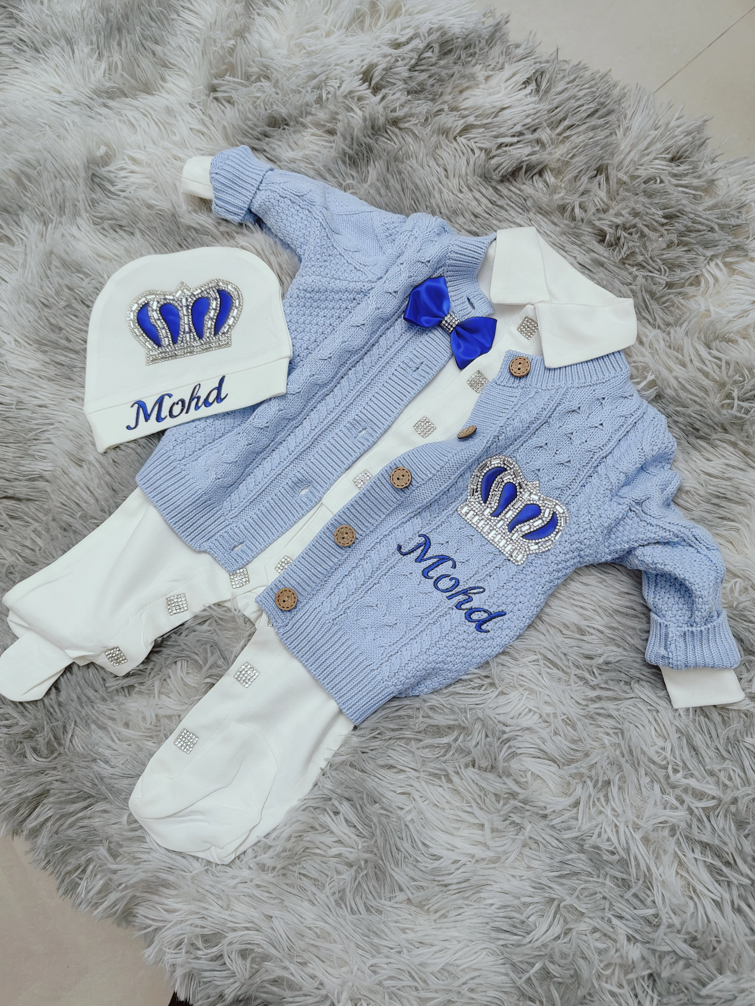 Premium Personalized Newborn Boy Clothes Blue Knit Cardigan Footed Jumpsuit With Hat Gift Set