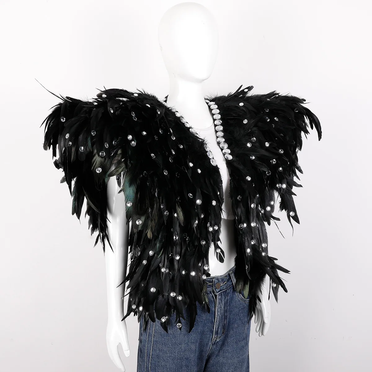 Carnival Halloween Gothic Feather Cape Coat Solid Color Shawl Women Rhinestone Vest Performance Props Costume Accessories