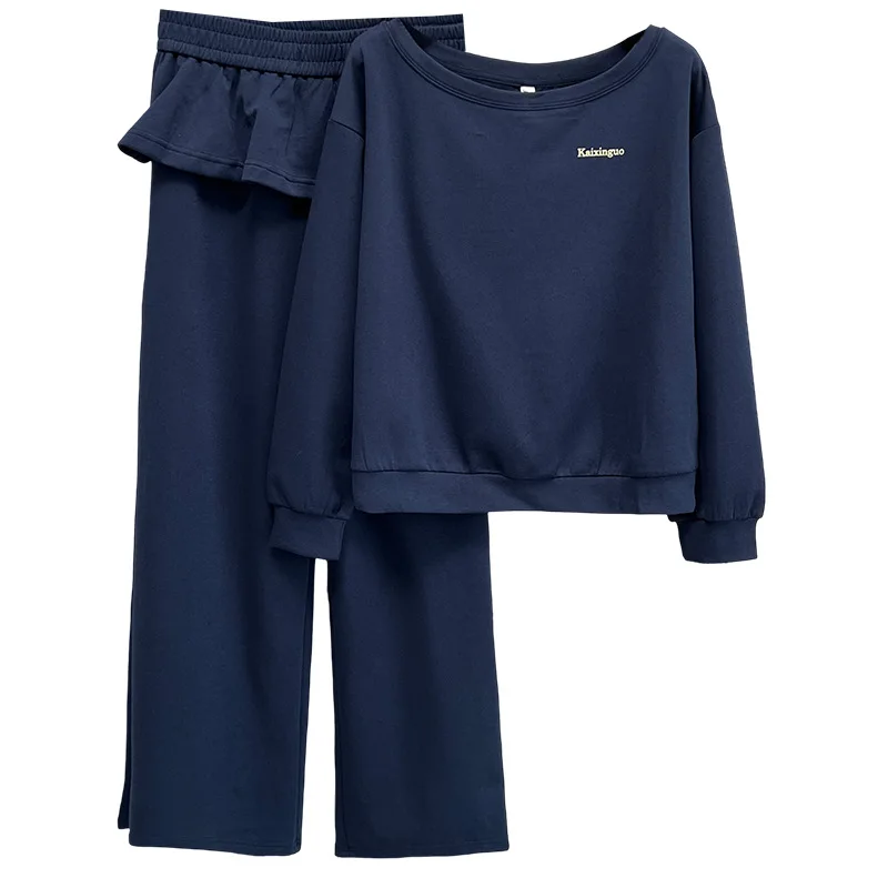 

XXXXL модные женские комплекты больших размеров, осень 2021, новый стиль, темно-синяя толстовка с капюшоном и брюки, комплект из двух предметов