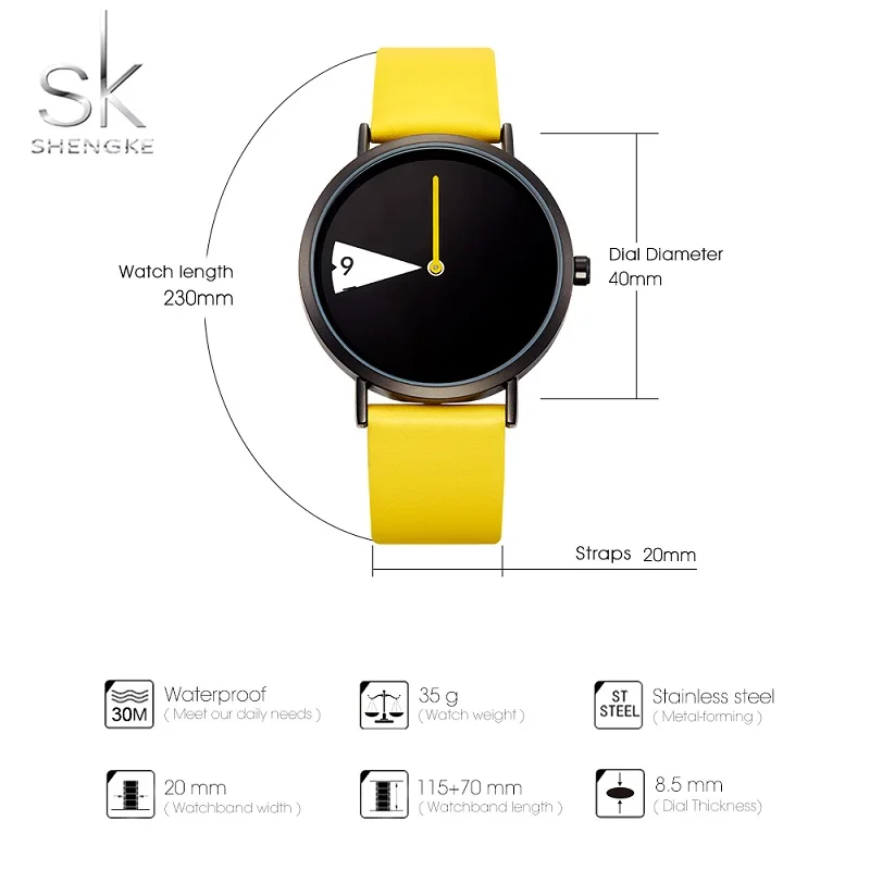 Shengke relógio feminino criativo relógio de pulso senhoras girar pulseira de couro amarelo relógios de pulso montre femme reloj mujer