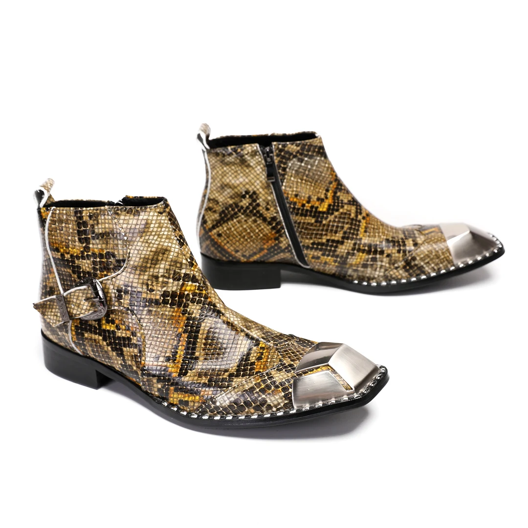 Fashion Leopard Print Genuine Leather Party Short Boots for Men Metal Square Toe Motorcycle Ankle Boots Plus Size Dress Shoes