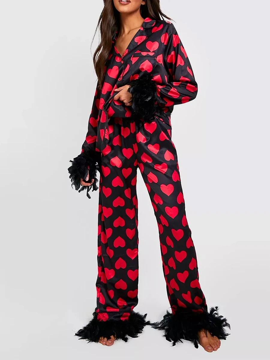 New Womens 2 Piece Pajama Set Feather Trim Long Sleeve Button Up Heart Shirt + Pants Set Sleepwear Valentines Day Hot Sale S-XL