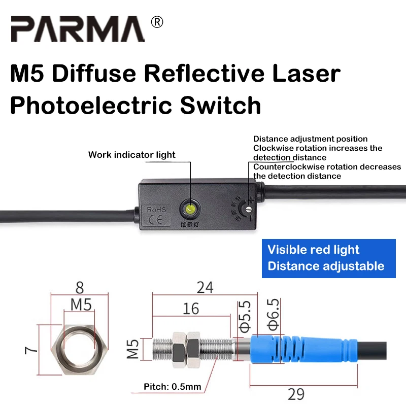 M5 Miniature Diffuse Reflective Laser Sensor with Adjustable Distance Infrared Sensing Visible Light Photoelectric Switch