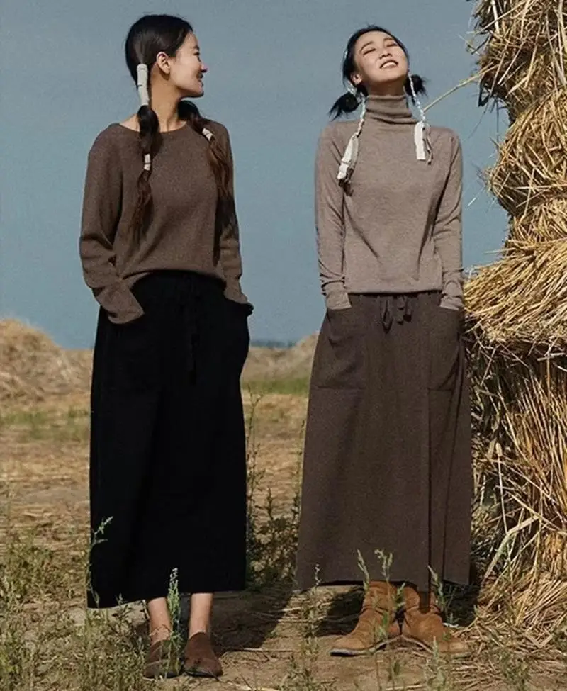 Cashmere encrypted in autumn and winter, long skirt, slim double-pocket A-shaped bottoming sweater, one-step umbrella skirt