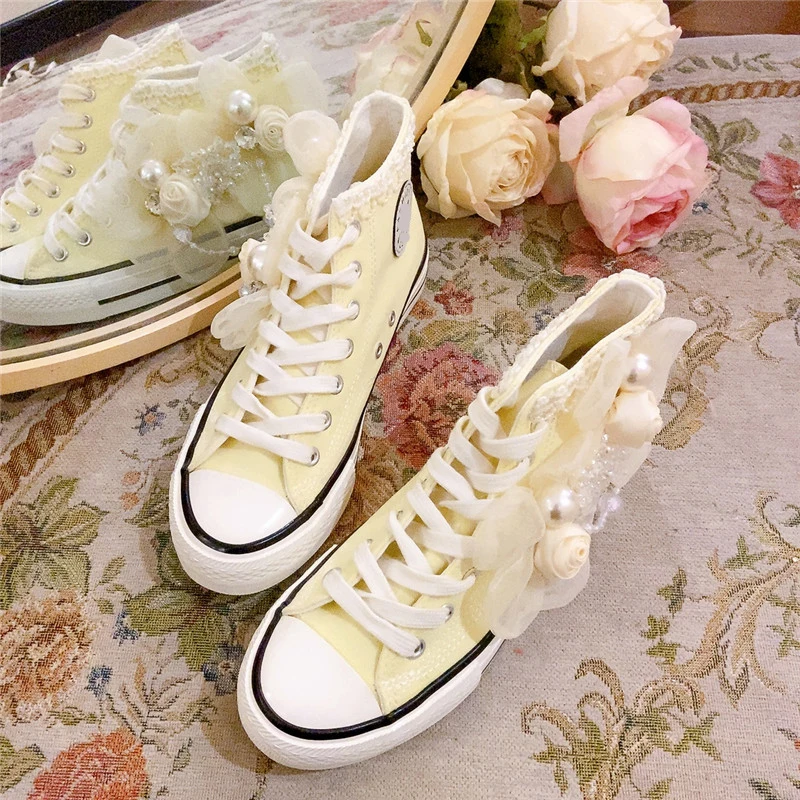 Lace Canvas Shoes Womens High Top Shoes Handmade Solid Color Tenis Feminino Yellow Casual Shoes Denim Canvas Shoes