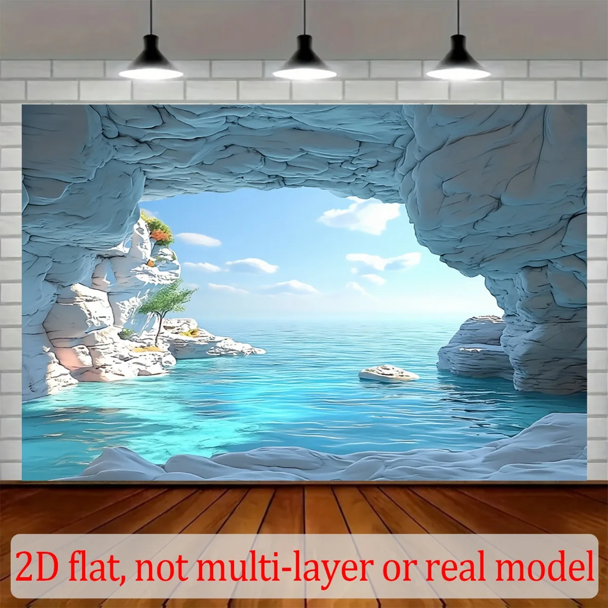 3D Effect Sea Cave Ocean View 2D Flat Tapestry Backdrop For Living Room Decor Coastal Beach Wall Hanging Art Print Poster
