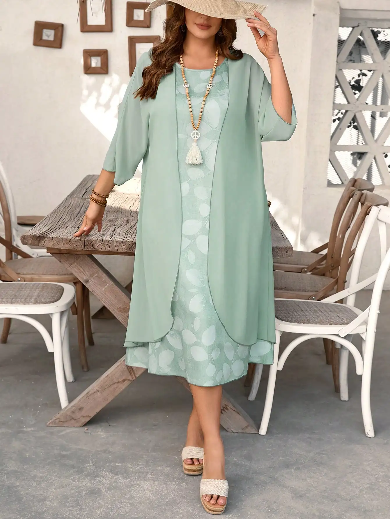 Conjunto de 2 piezas: Chaqueta de gasa verde menta y vestido con estampado de hojas, talla grande, corte holgado, atuendo de primavera-verano