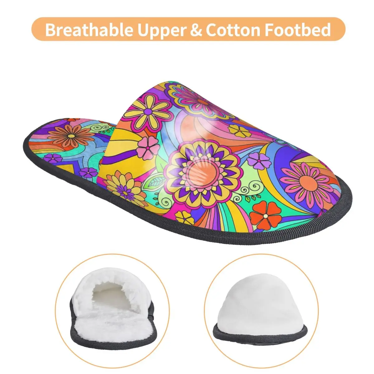 Custom Groovy Psychedelic Flower Power Slippers Memory Foam Warm Soft Women House Slipper Indoor Comfy Shoes