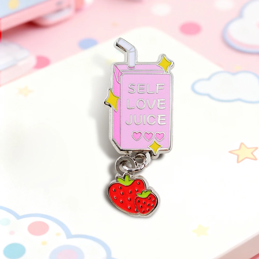 Self Love Juice Emaille-Anstecker, niedlicher Erdbeer-Anhänger, Self-Care-Abzeichen, „Take Care Of Yourself“-Brosche, Juice-Box-Schmuck, Dekoration – Detail 5