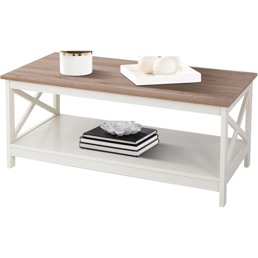 

Ivory Living Room Farmhouse Coffee Table with Storage Shelf by Sophia & William