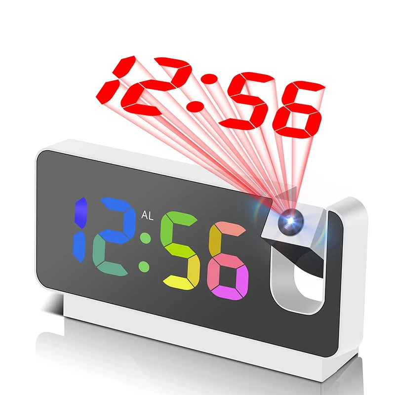 Reloj despertador de proyección, reloj de escritorio con pantalla LED de Color grande, proyector giratorio de techo/pared para dormitorio, oficina y baño