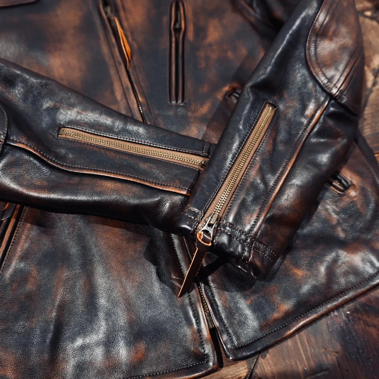 Tailor Brando Full-grain Washed Distressed Tea-core Cowhide Men's Classic Venom Retro Genuine Leather Motorcycle Jacket