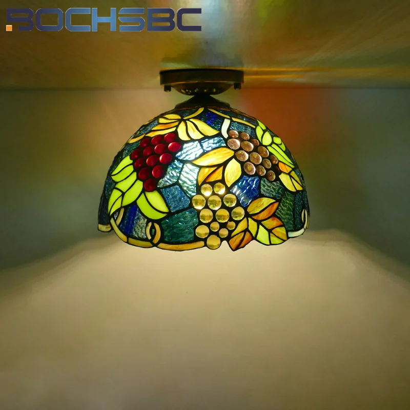 BOCHSBC Tiffany style stained glass simple retro grape ceiling lamp for living room dining room bedroom study overhead lamp deco