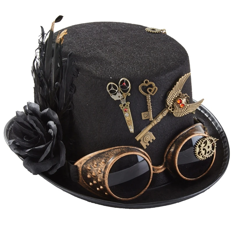 

Retro Steampunk Hat Victorian Top Hat Feather Flower Gears Goggles Chain Top Hat Punk Accessories for Dress Up Party